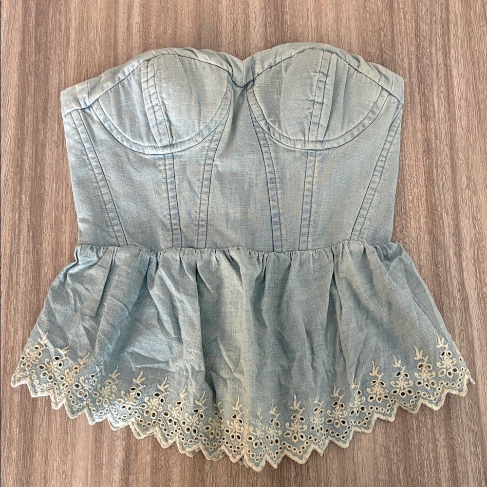 Denim & Supply Ralph Lauren Light Blue Embroidered Peplum Bustier Top